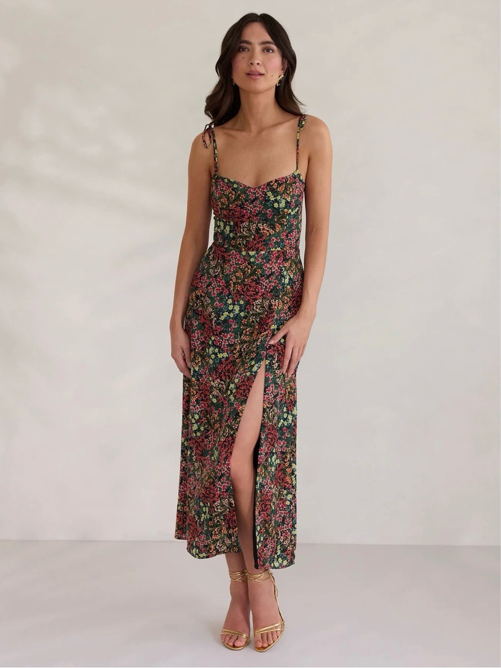 Park & Fifth Black Floral Midi Dress with Pink and Green Accents